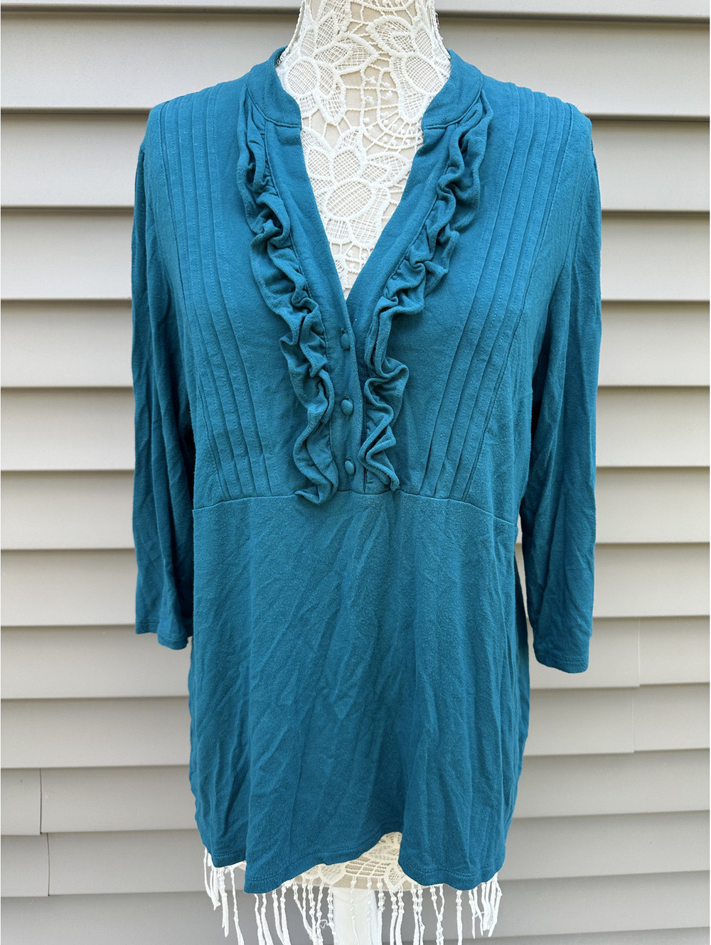 Style & Co Teal Ruffle V Neck Top Vintage Inspired Blouse